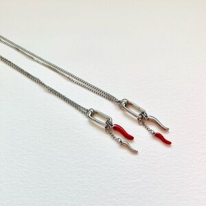Double Silver Italian Luck Horn Pepper Charm Carabiner Necklace